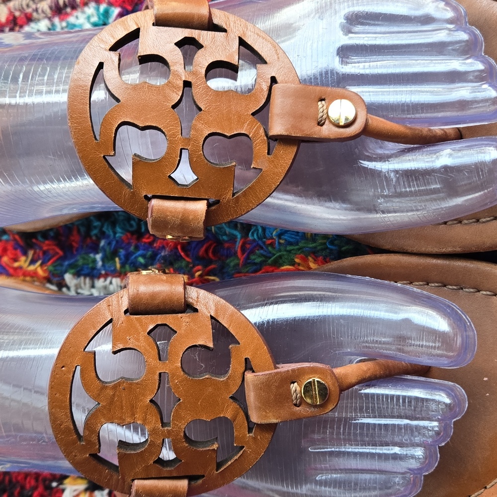 Tory Burch Cognac Brown Leather Miller Medallion Slip-on Flip Flop Sandal - Picture 3 of 17
